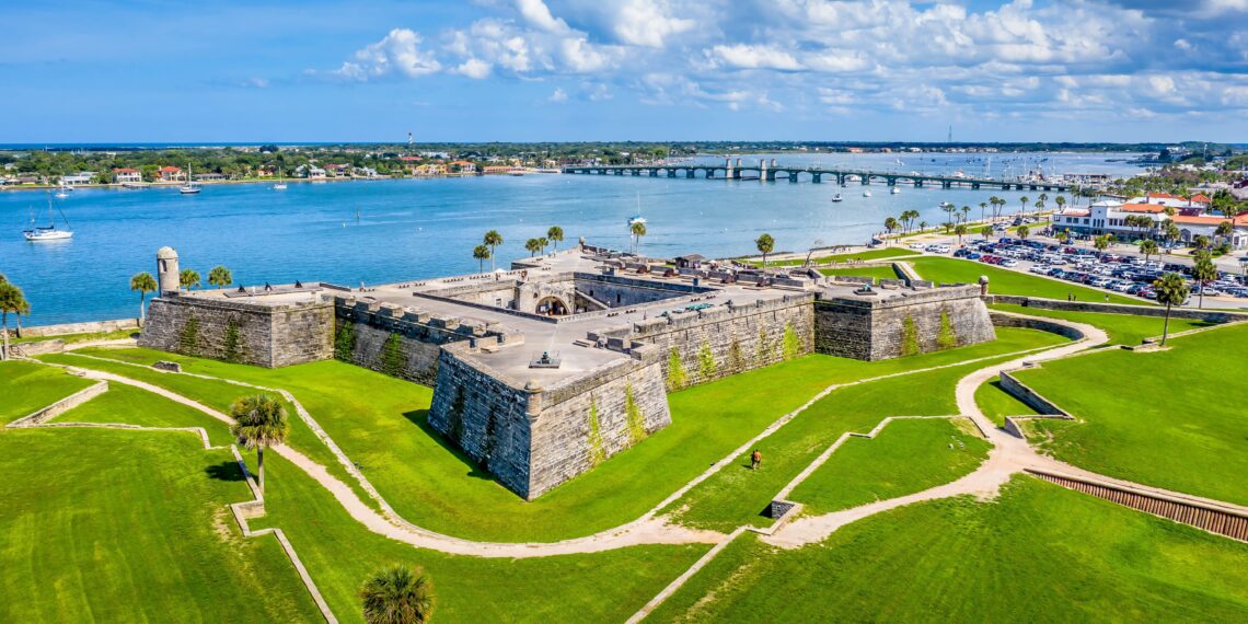 An aerial view of Castillo de San Marcos on a sunny day, Florida