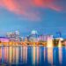 Orlando, Florida, USA aerial cityscape towards Lake Eola at dusk.